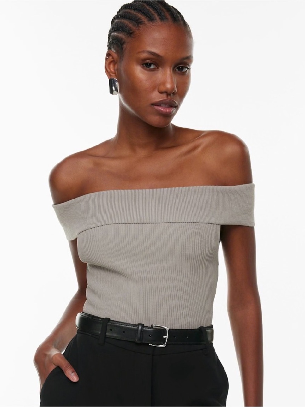 Babaton Aritzia Women’s Sculpt Knit Off Shoulder Top Cropped Medium Ashen